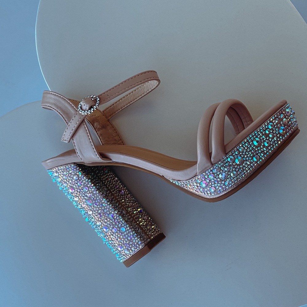 Nude platform heels with rhinestone bedazzled heel